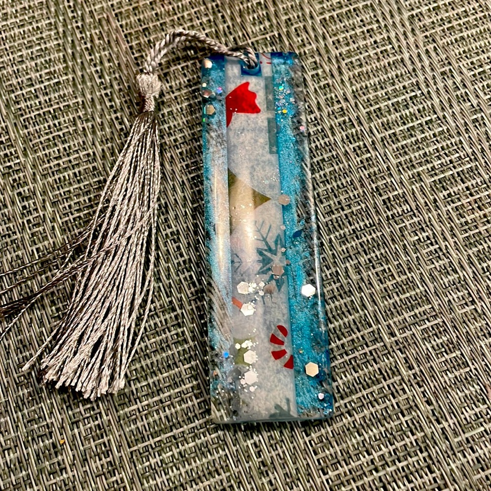 XMAS Handmade Festive Holiday Bookmark small Blue with White Strip